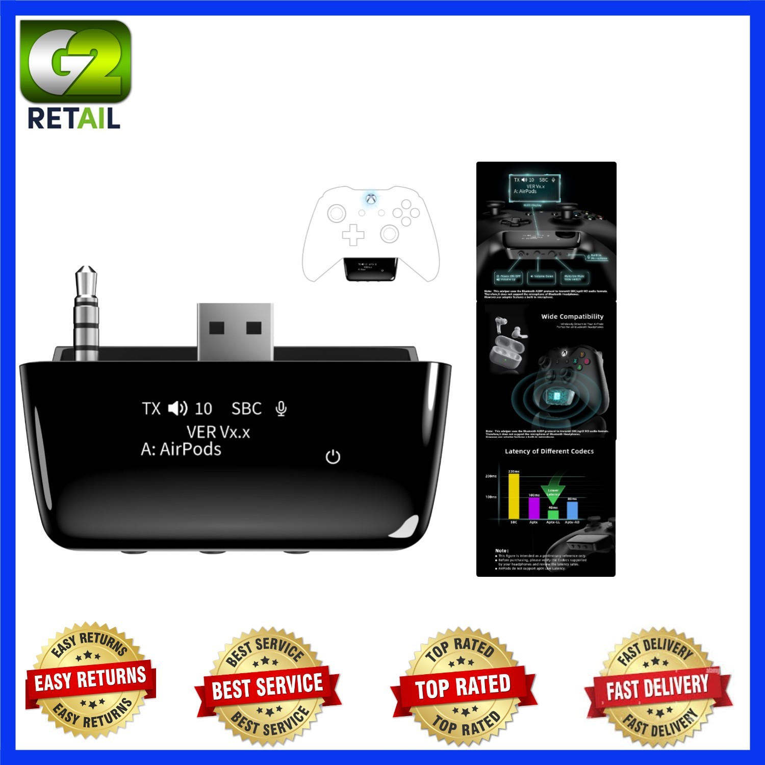 Bluetooth 5.2 Wireless Audio Adapter for Xbox One, Xbox Series XS and Elite 2 Co