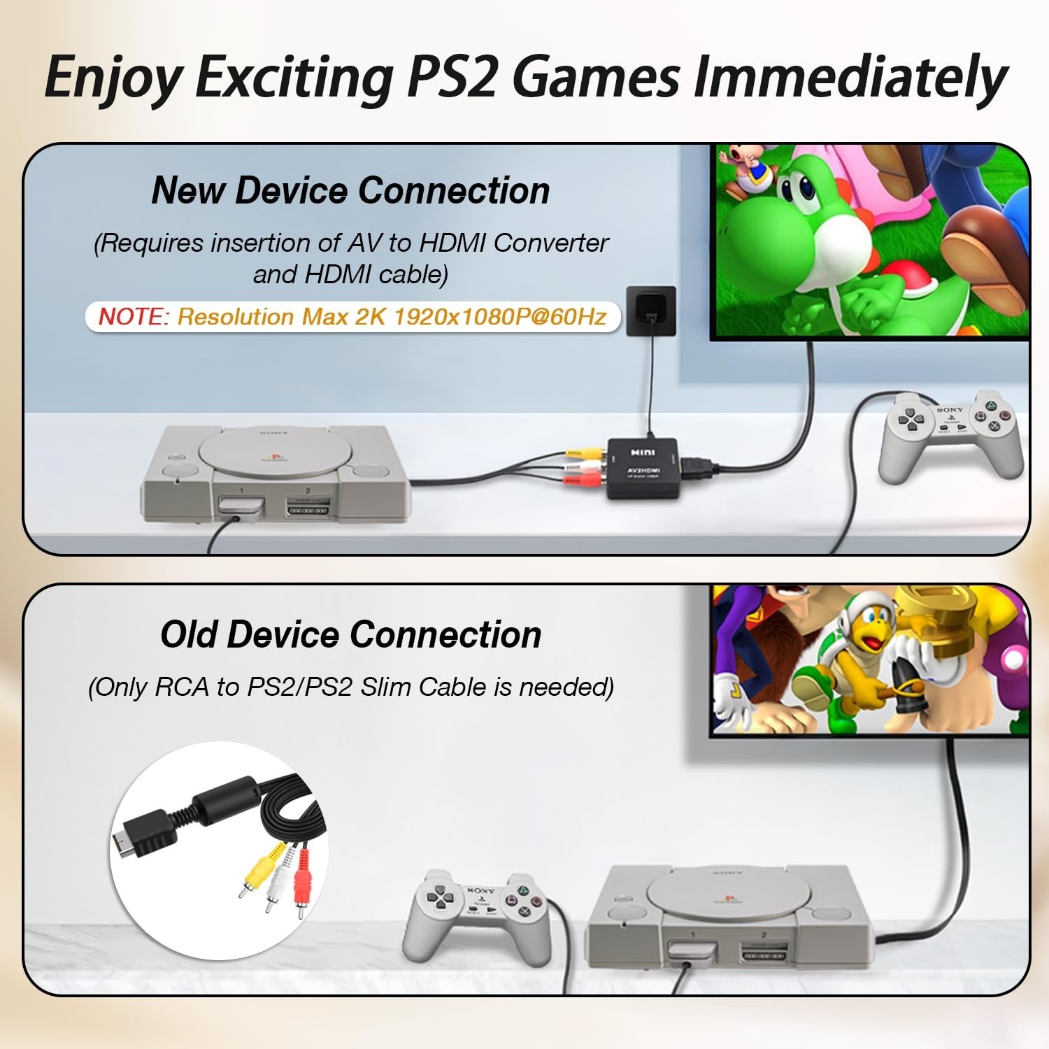 6FT AV to RCA Cable for PlayStation 1/2/3 Slim, Connect Console to TV/Monitor