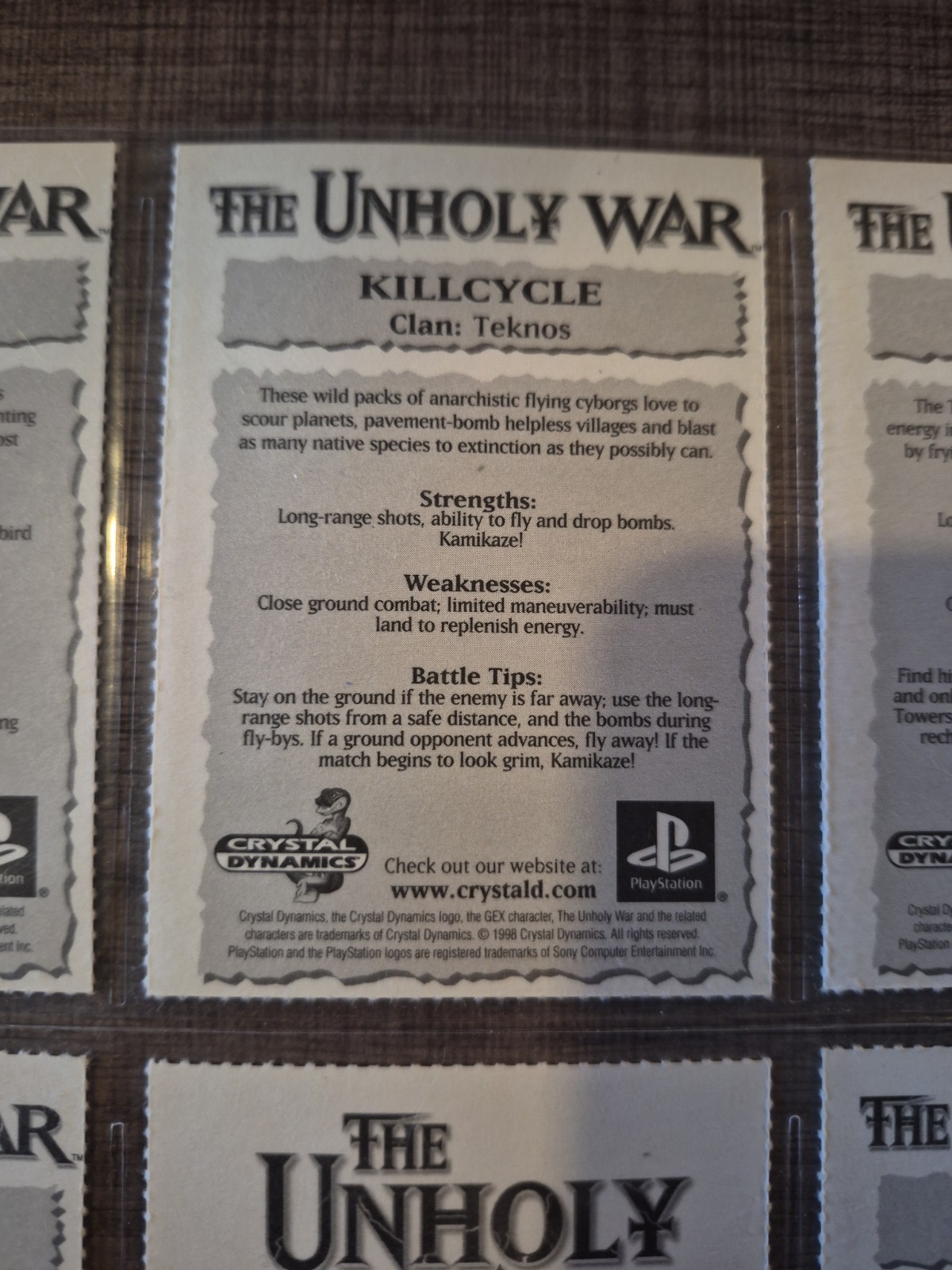Vintage The Unholy War PlayStation 1 One character card sheet Crystal Dynamics