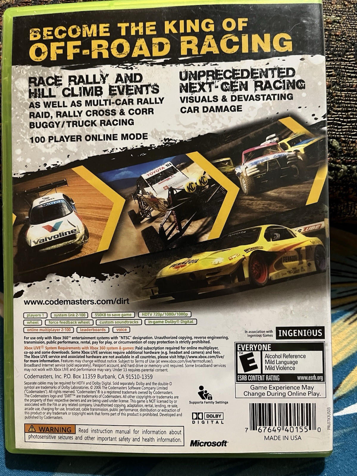 Codemasters DiRT Xbox 360 E NTSC-U/C 2007 Multiplayer Online Manual