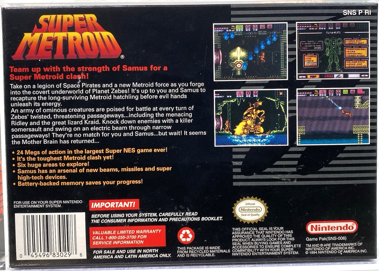 Super Metroid Nintendo SNES New 1994 1st Print VGA Archival Q 85+ Qualified