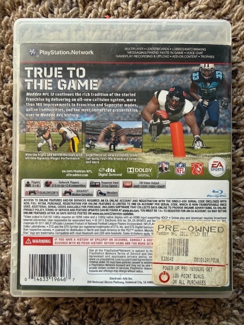 Madden NFL 12 PS3 Sony PlayStation 3 Game Disc Case & Manual EA SPORTS