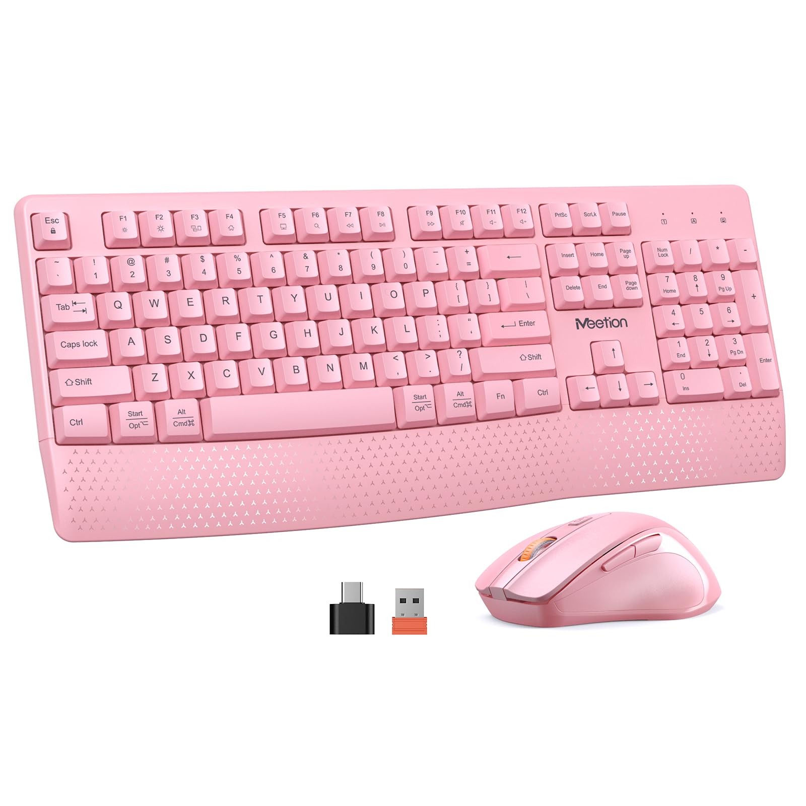 MEETION Wireless Keyboard and Mouse, Full-Sized Cordless with Pink