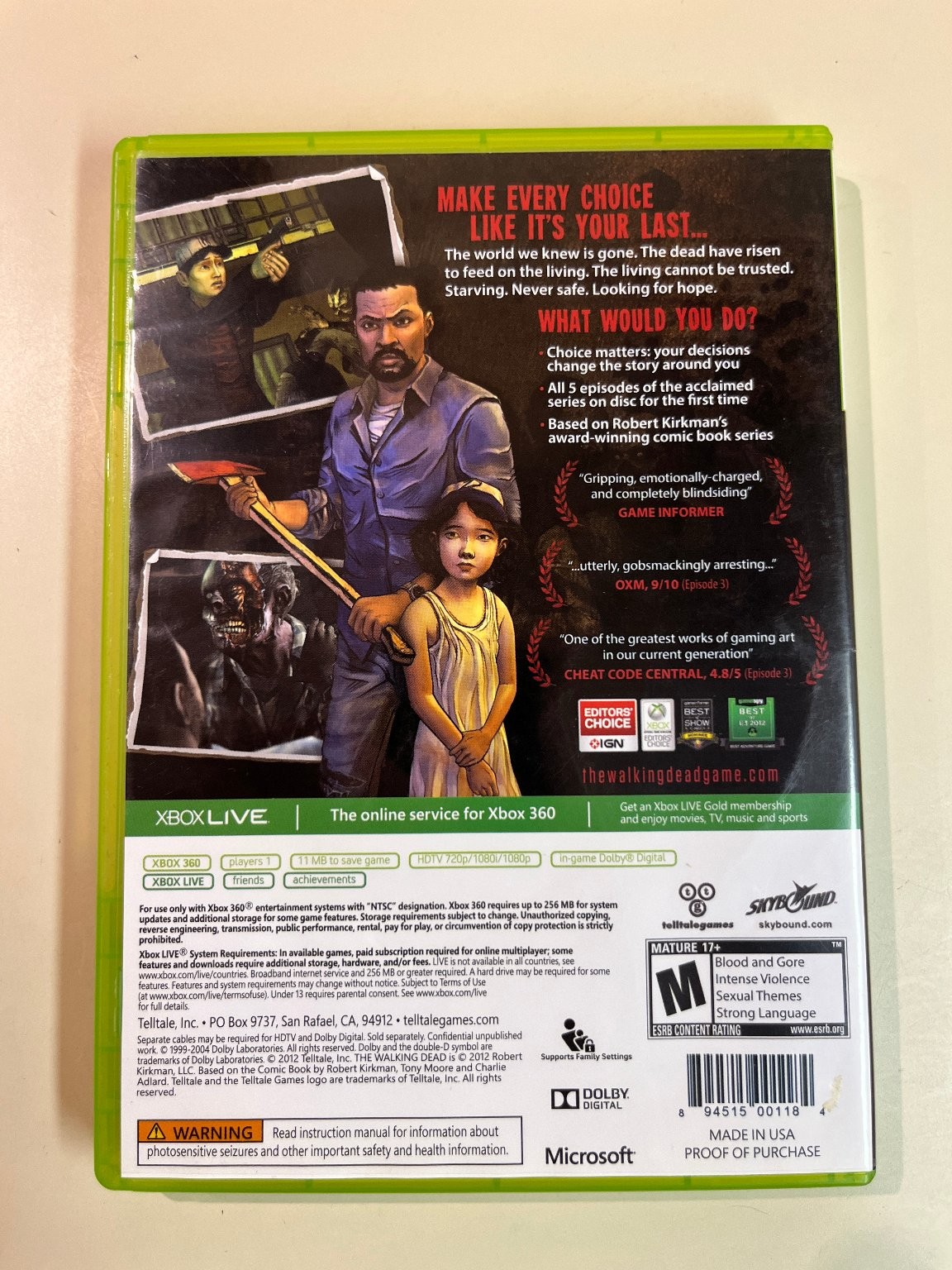 The Walking Dead Xbox 360 Video Game + Manual, Telltale Series, 5 Episodes