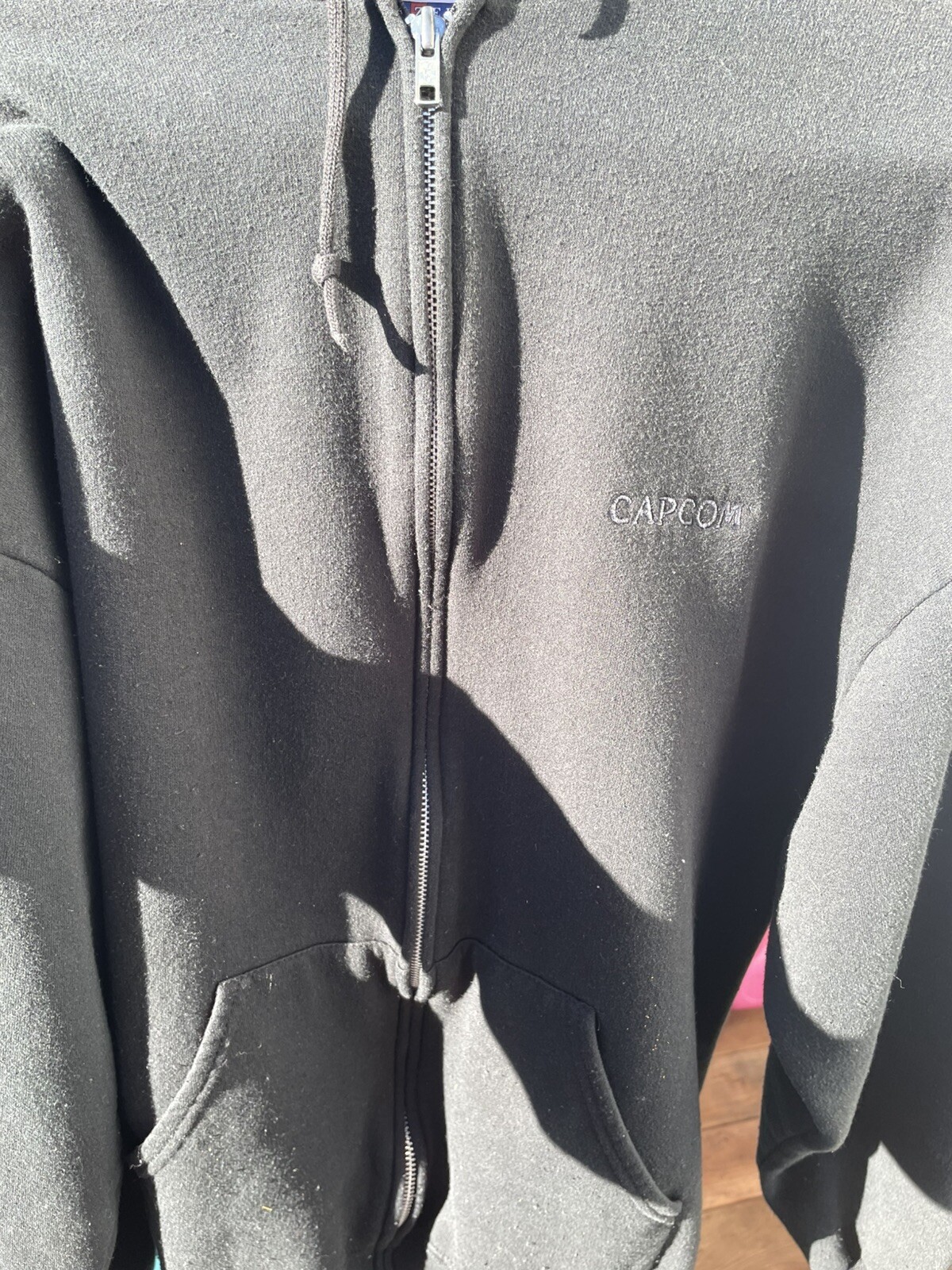 VINTAGE CAPCOM PROMO HOODIE LARGE ZIP UP BLACK w BLACK LOGO circa 1998/2000