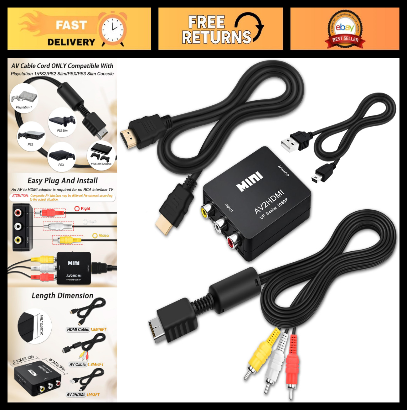 6FT AV to RCA Cable for PlayStation 1/2/3 Slim, Connect Console to TV/Monitor