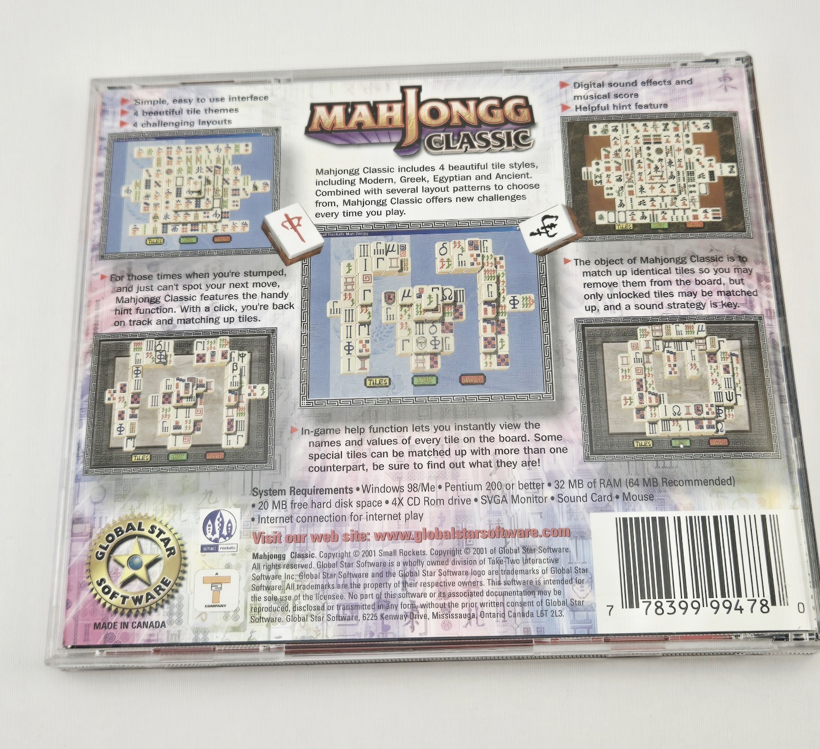 Mahjongg Classic PC CD-ROM Global Star Software Win 98/Me CIB Good Cond Tested