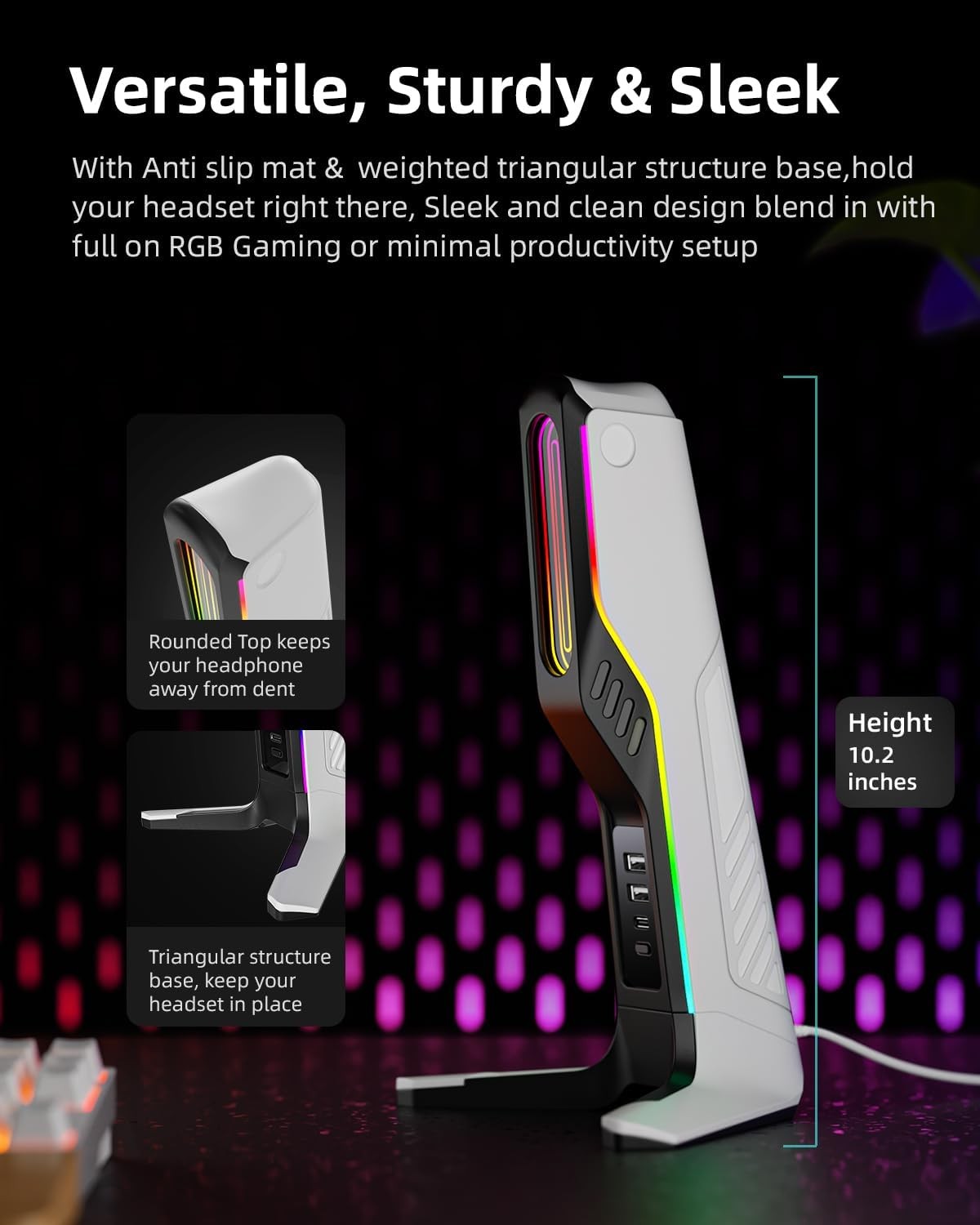 RGB Gaming Headset Stand with 2 USB and 1 C Ports Game Headphone Mount for PC