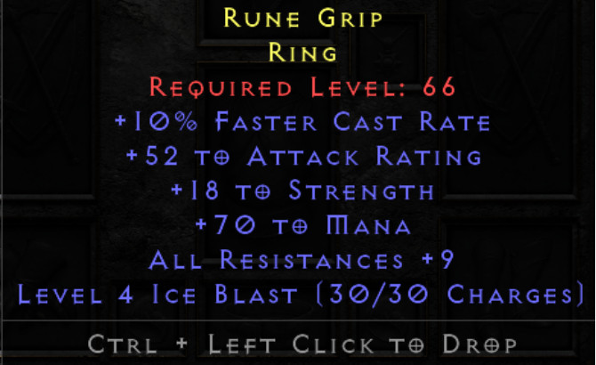 D2r rare ring fcr ring 10fcr 52ar 18str 70mana 9all res–non ladder sc