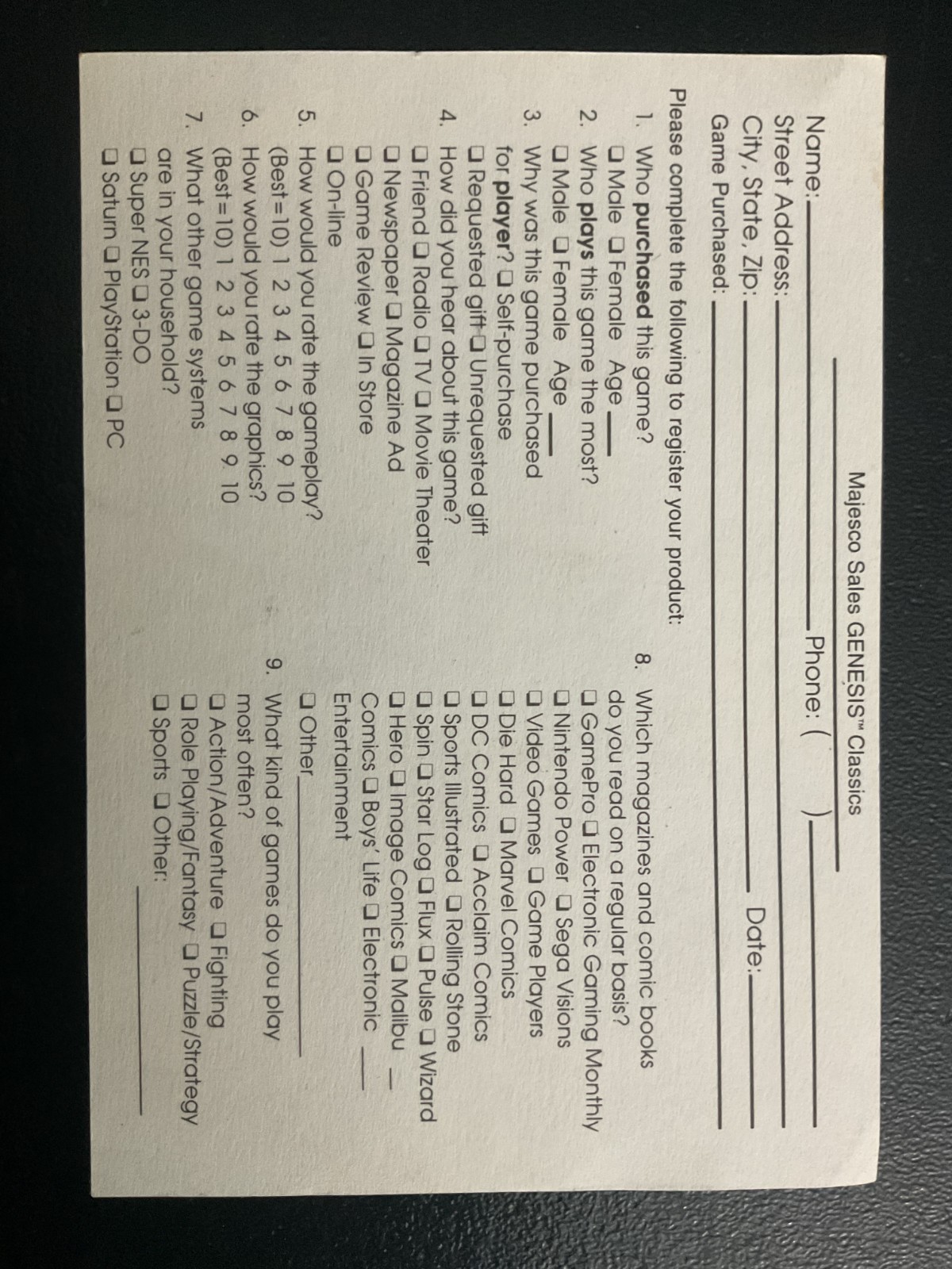 Majesco SEGA Genesis Warranty Reg Card Insert Only