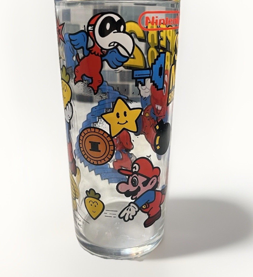 Super Mario Bros. 2 Promotional Drinking Glass Nintendo Vintage 1989 6 1/4″ Tall