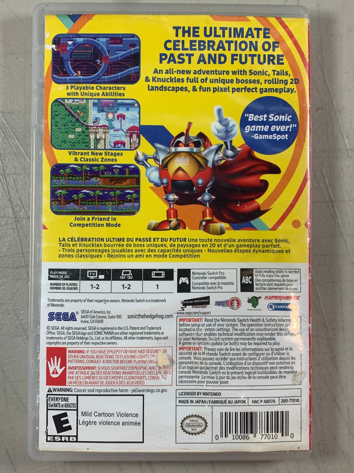 Tested Works Nintendo Switch Sonic Mania Video Game Sega No Inserts/Manual
