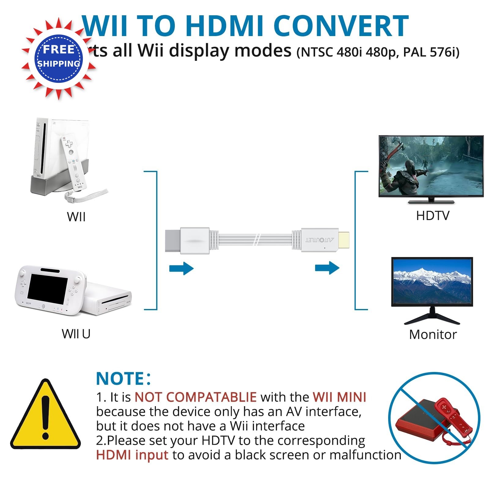 AUTOUTLET Wii to HDMI Converter 1080P 5ft 150cm Adapter HDMI Cable Output