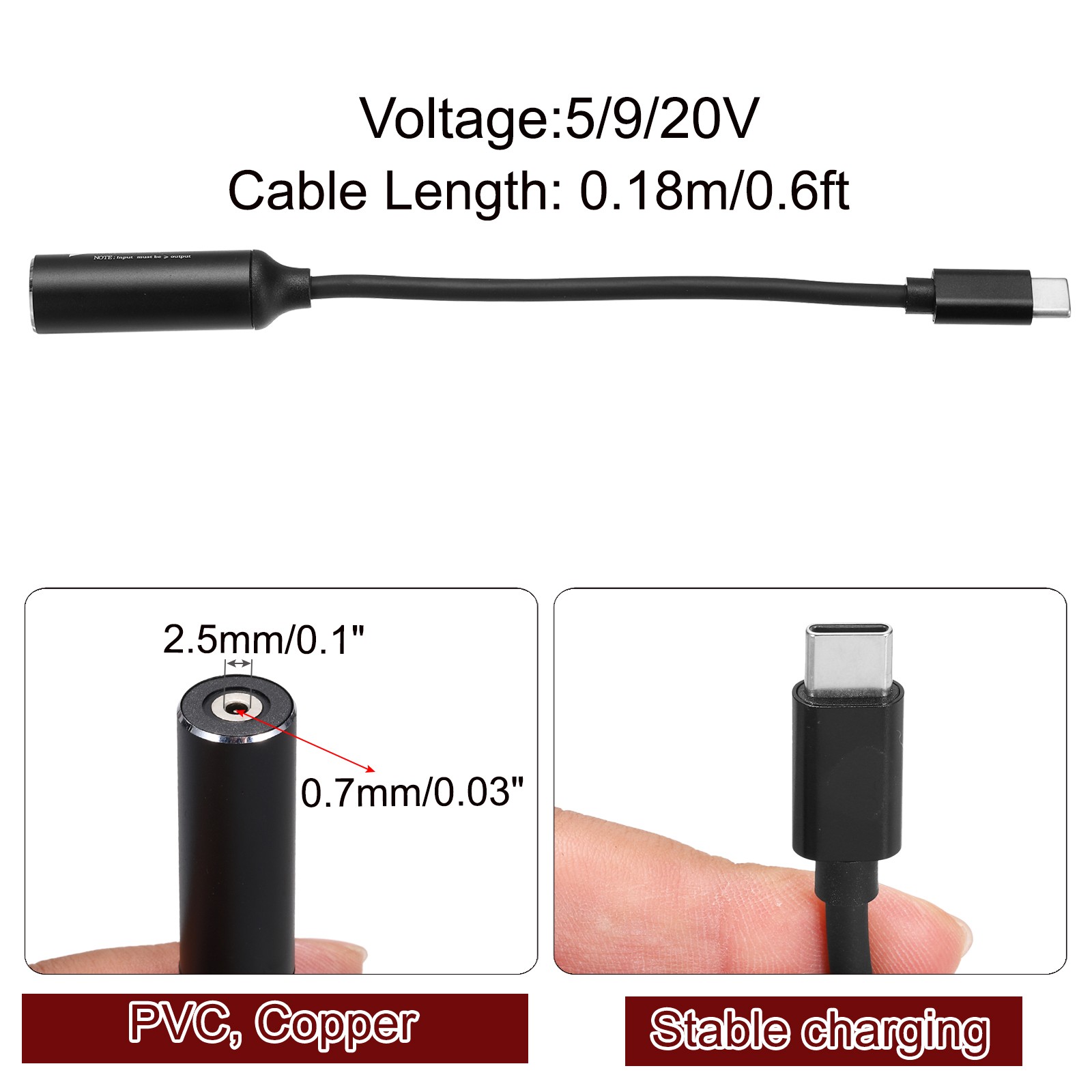 0.6FT USB C to DC PD Power Fast Charging Cable, 2.5mmx0.7mm 65W/5V/9V/20V(Black)