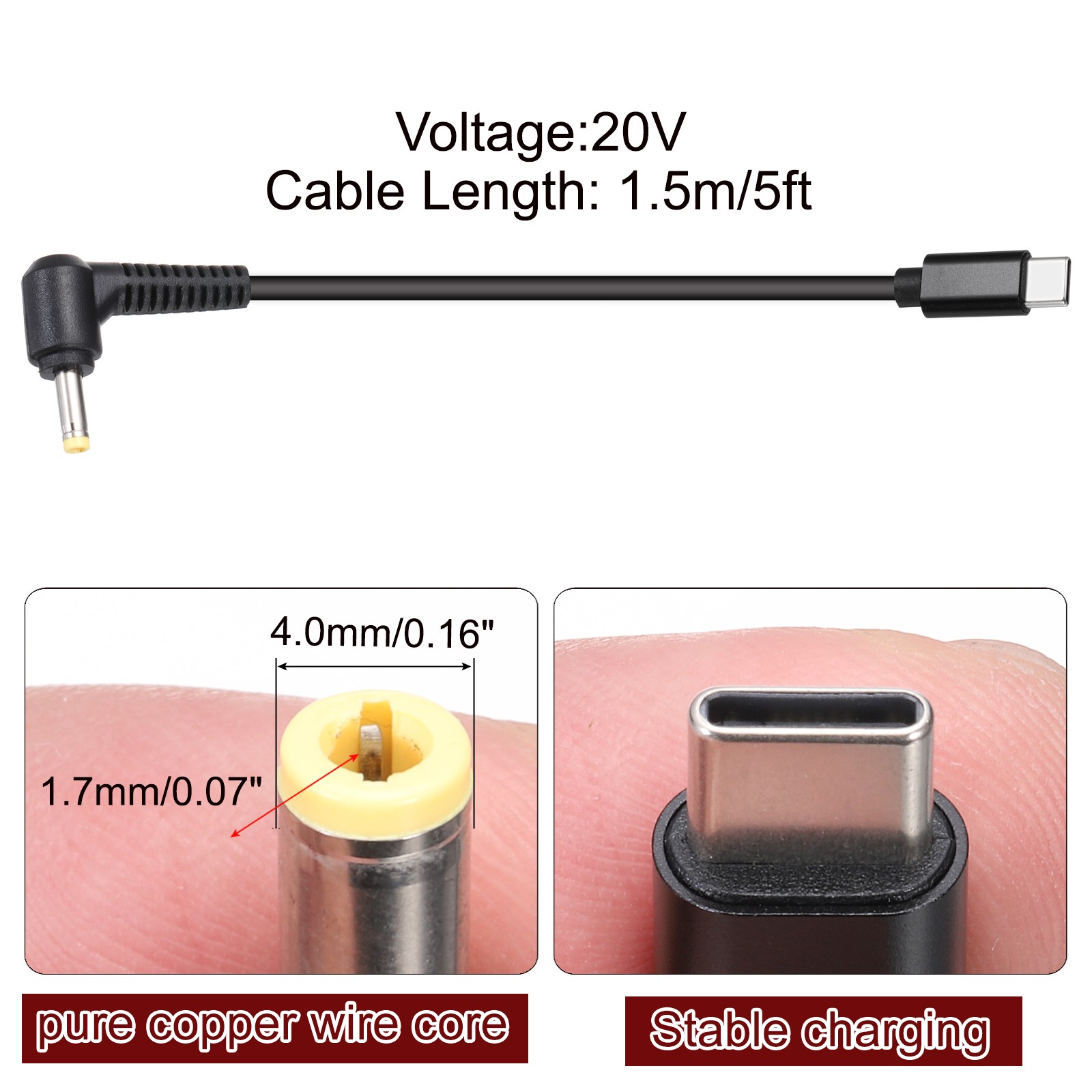 5FT USB C to DC PD Power Fast Charging Cable, 4mmx1.7mm 60W/20V(Black)