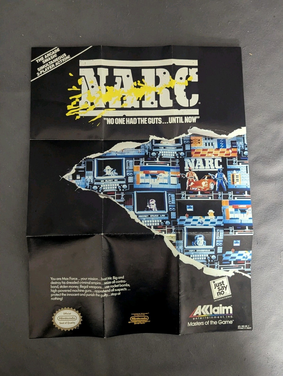 1989 Narc Fold Out Poster Insert NES Nintendo Acclaim