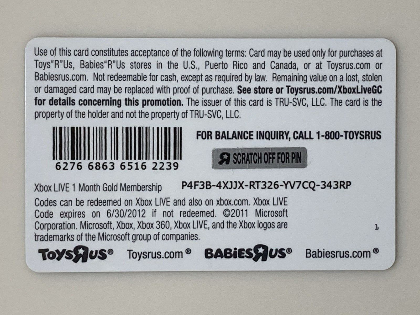 Xbox Live Promotional Card Expired 1/28/2012 Toys R Us Promo Offer Xbox 360