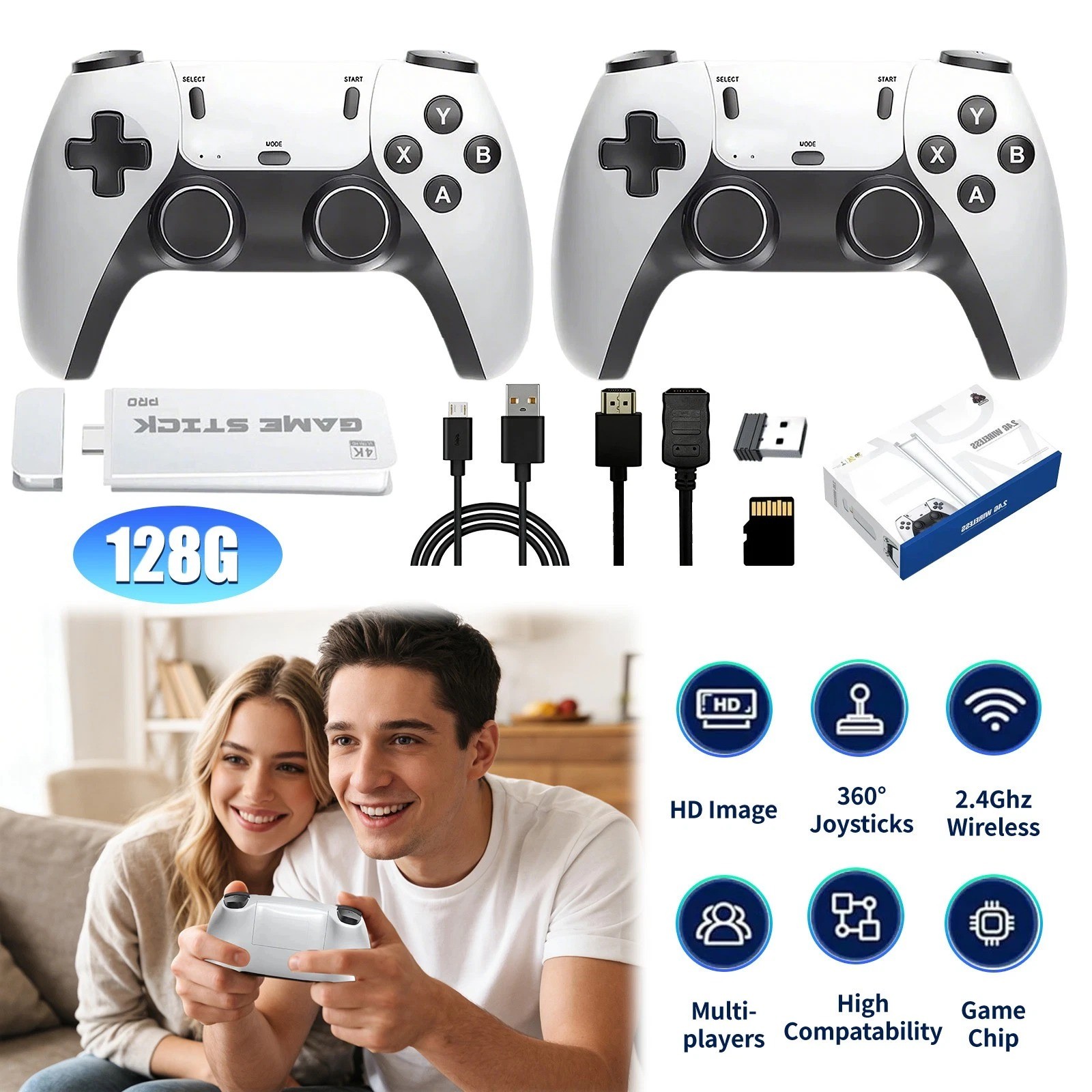 128G HDMI TV Video Game Stick M15 4K Gaming Console Gamepad 2 Pack Controller