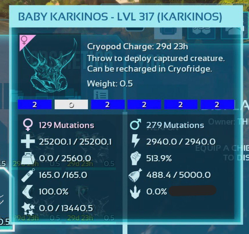 ARK ASCENDED PVE OFFICIAL PAIR BABY KARKINOS BLUE 25K HP 2.5K WEIGHT 513 MELEE