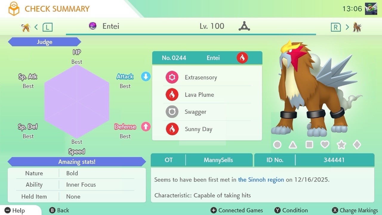 BDSP Caught Legendaries Shiny/Non Shiny, 6IV, Level 100, EVs 6HP 252ATK 252SPE
