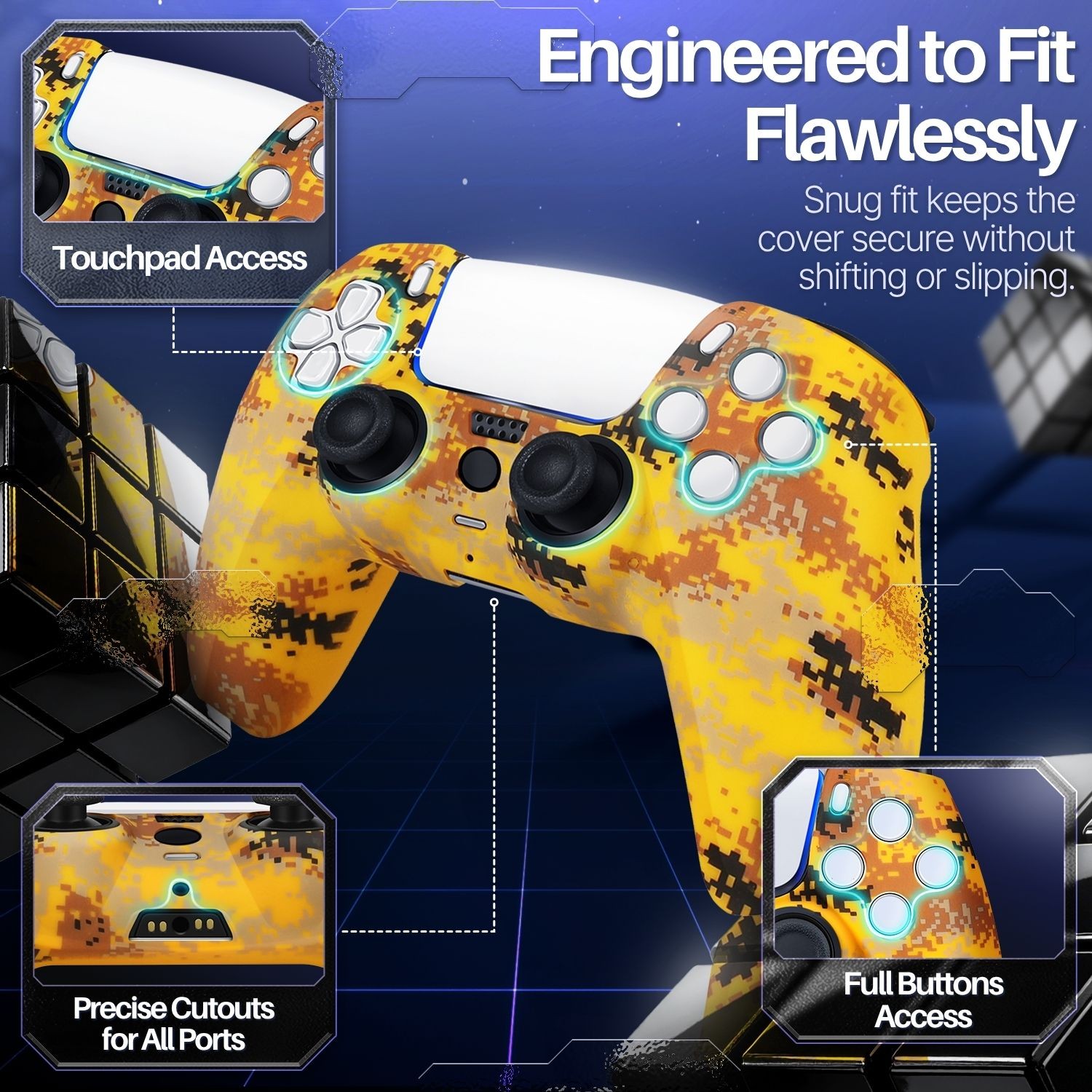 PS5 Controller Skin Grip Cover Silicone Gel Rubber w/ 8 Thumb Caps – Camo Yellow