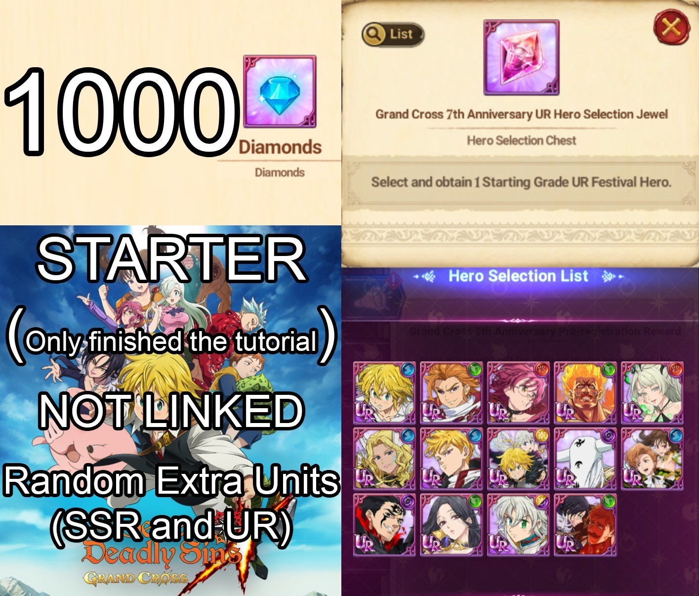 SEVEN DEADLY SINS GRAND CROSS, 1000 Diamonds, UR Selector, Random Units, GLOBAL