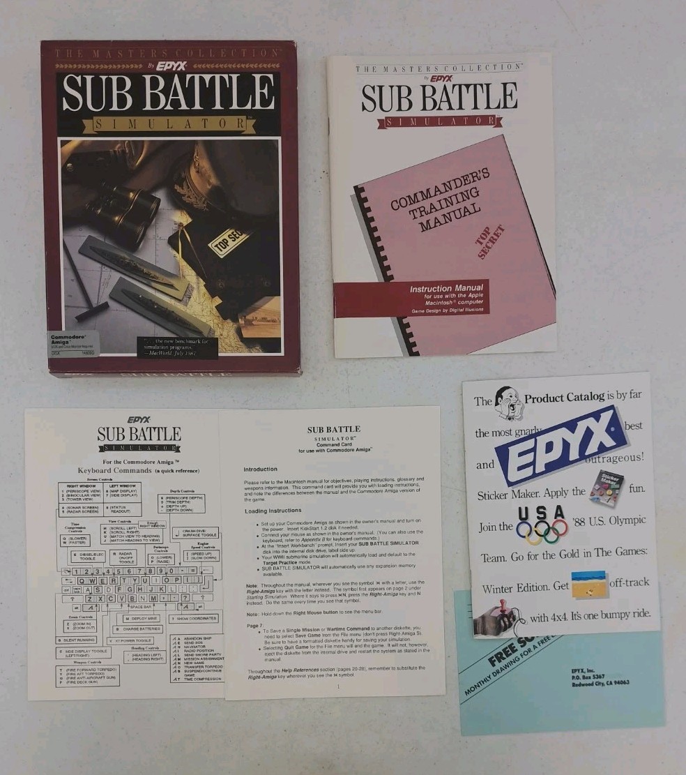 NO DISK- 1987 Vintage Sub Battle Simulator Box-Manual-Commands-Commodore Amiga