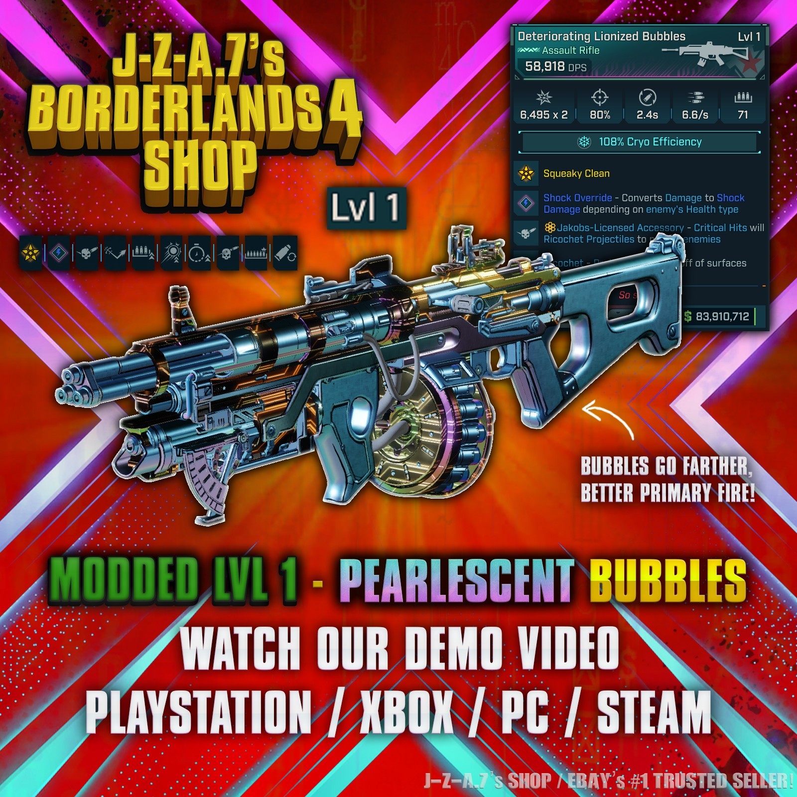 Borderlands 4✨ MODDED LVL 1 ONE BUBBLES RIFLE PEARLESCENT BL4 GEAR ✅PC-PS-XBOX✨