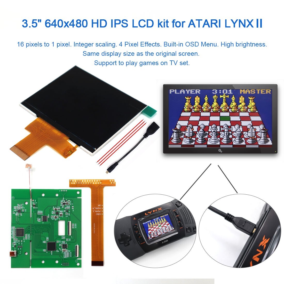 Hight Light 3.5″ 640×480 Retro Pixel IPS LCD Kit For ATARI LYNX Ⅱ 720P HDMI
