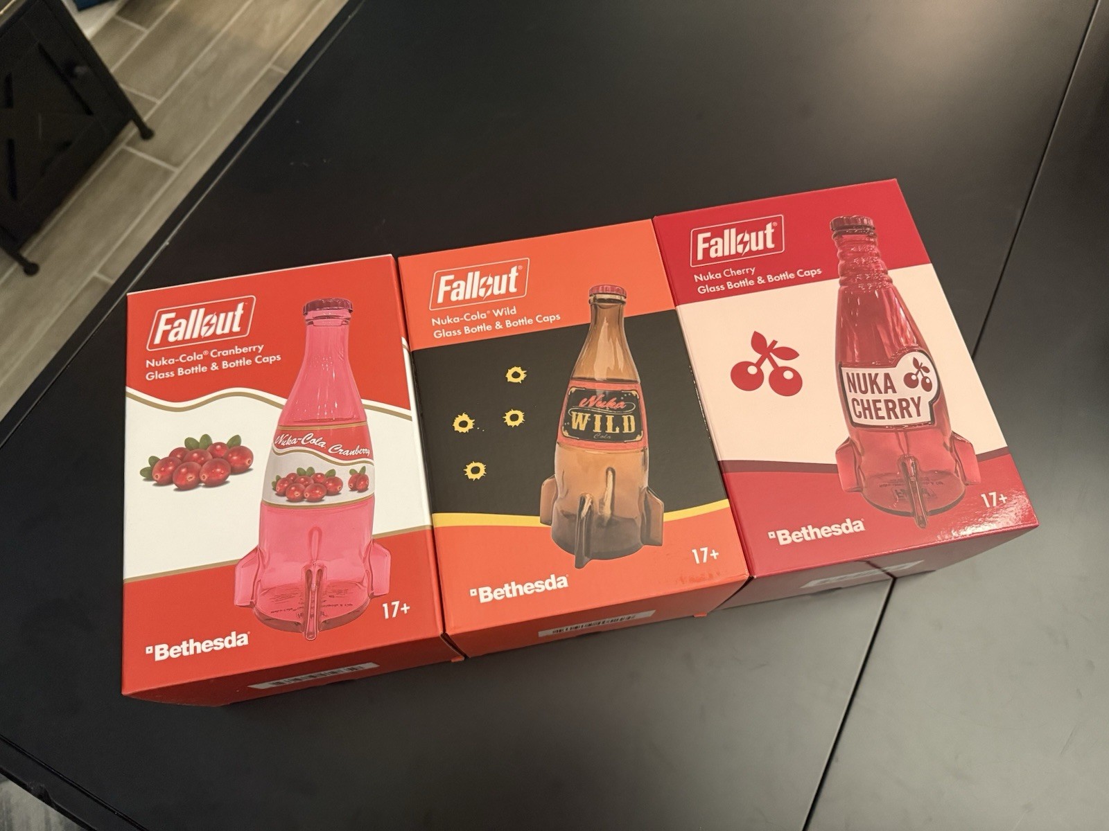Bethesda Fallout Nuka Cola Wild, Cranberry & Cherry Glass Bottle + Caps Set