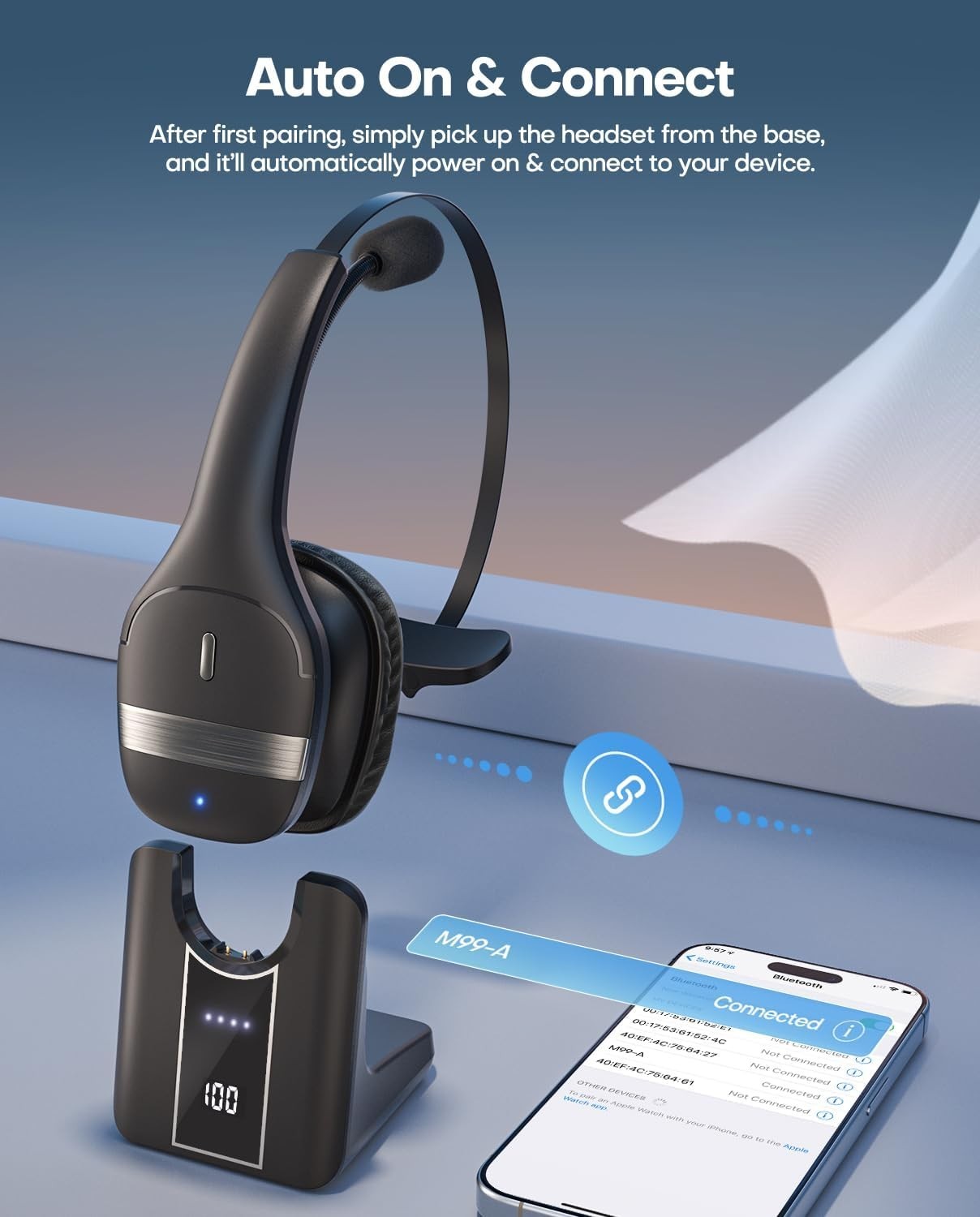 V5.3 Wireless PC Headset with Mic – 130H Playtime, LED Display, Noise Canceling,