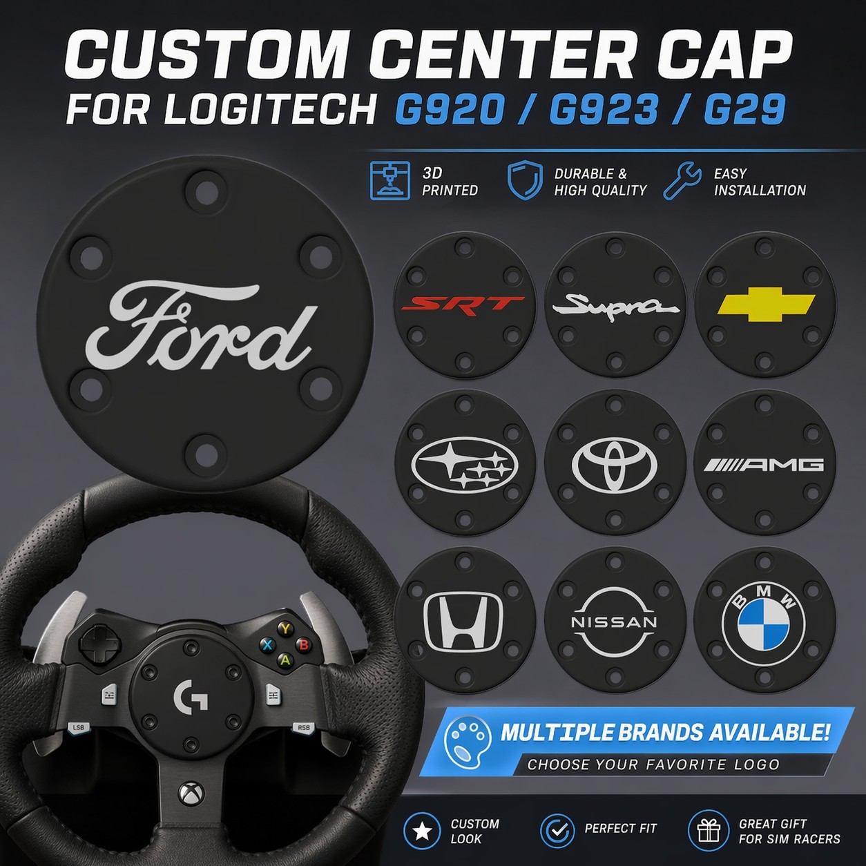 Steering Wheel Center Cap Logitech G920 G923 G290 – 3D Printed Multiple Car Logo