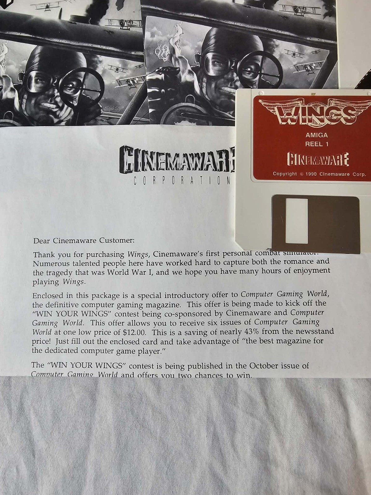 Vintage Cinemaware Wings Video Game Commodore AMIGA WWI Flight Sim 1990 Complete
