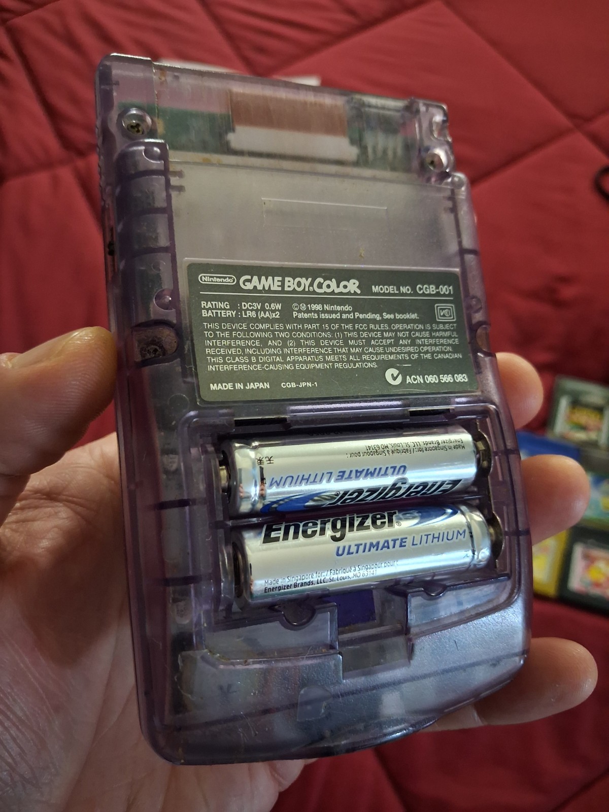 Gameboy Color Atomic Purple W/ 5 Games Case and Charging Cords. All Working GBC