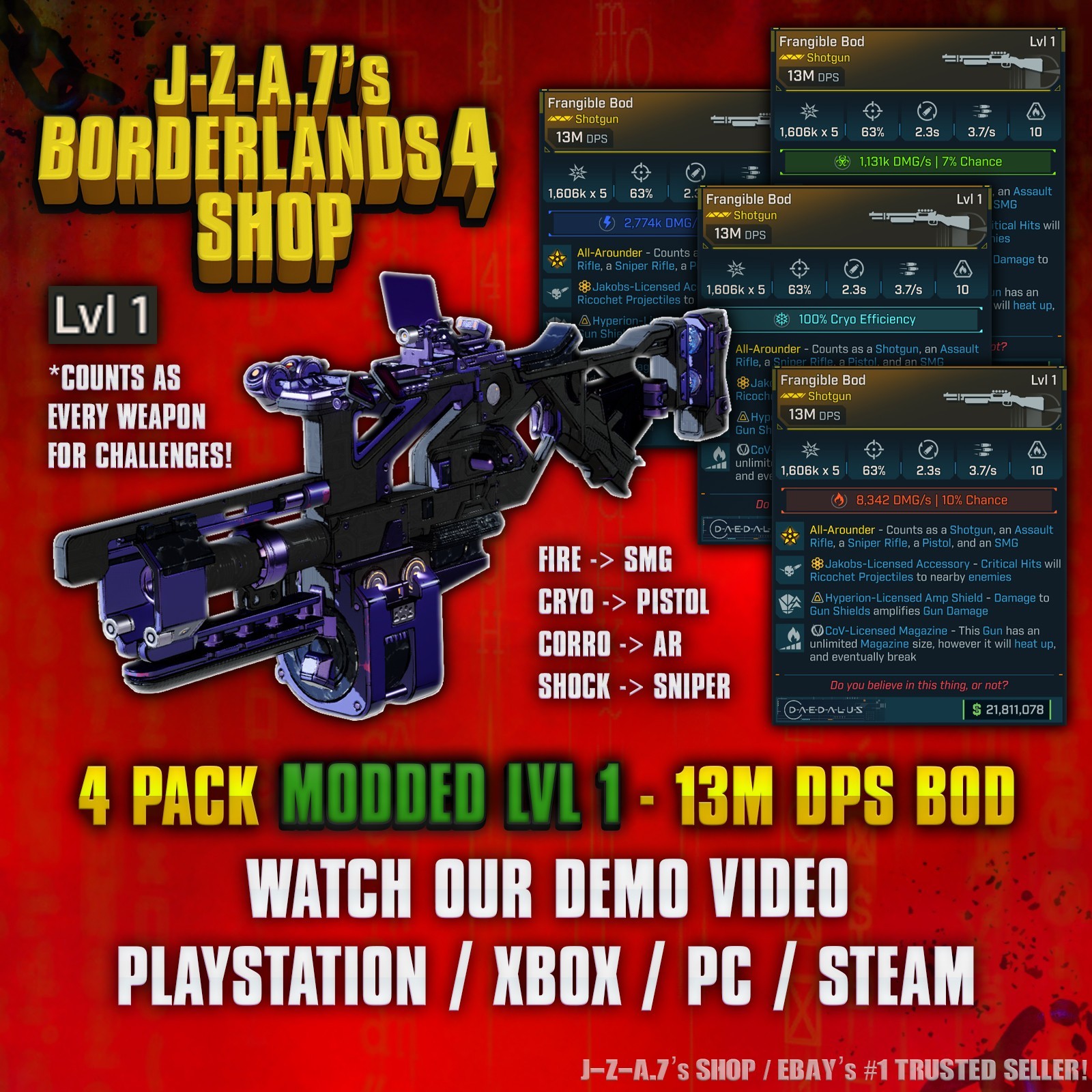 Borderlands 4✨ MODDED LEVEL 1 ONE 13M DPS 4-PACK BOD SHOTGUN BL4 ✅PC-PS-XBOX✨