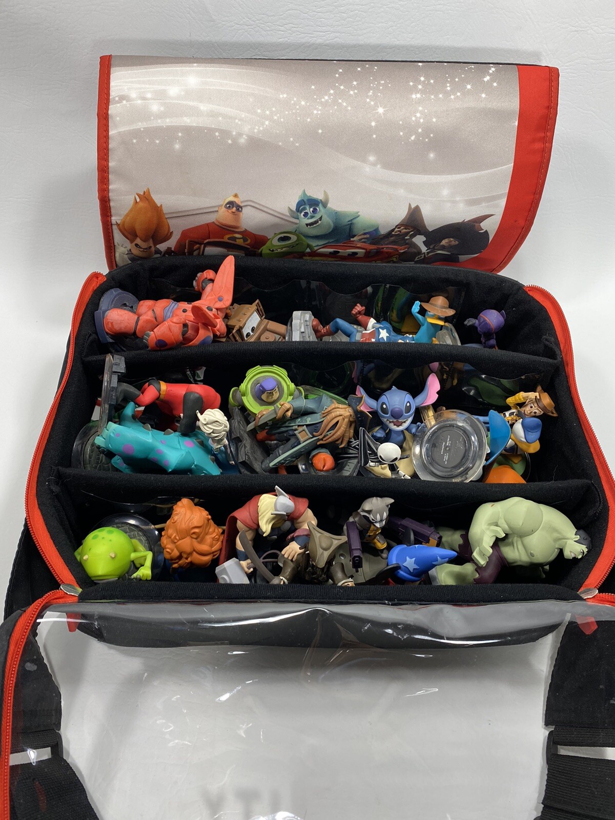 Disney Infinity Lot Of 26 Figures, XBOX Game 2.0, Roll Out Shoulder Bag, Cards