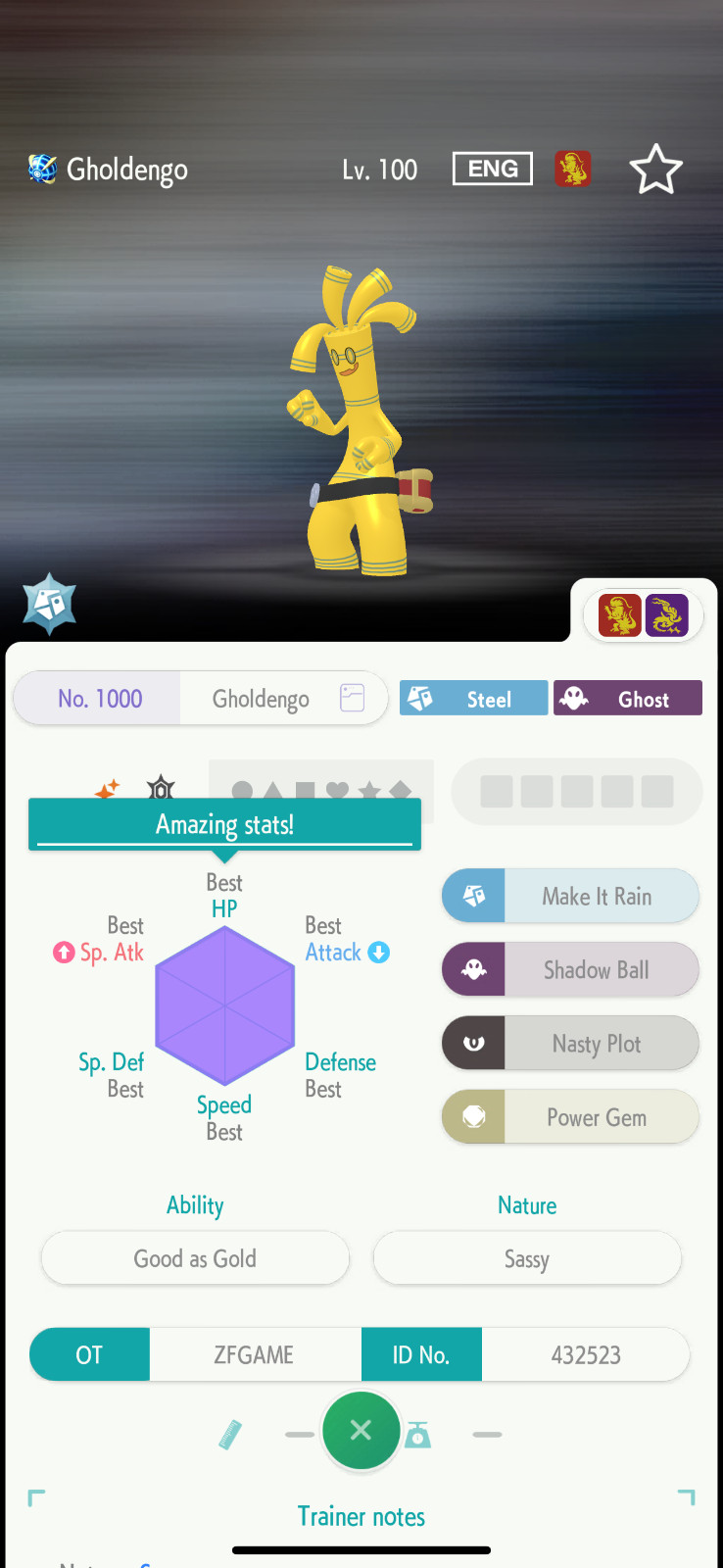 ✨6IV SHINY Gholdengo + EVS🚀 POKEMON HOME✨Champions✨Online delivery⚡