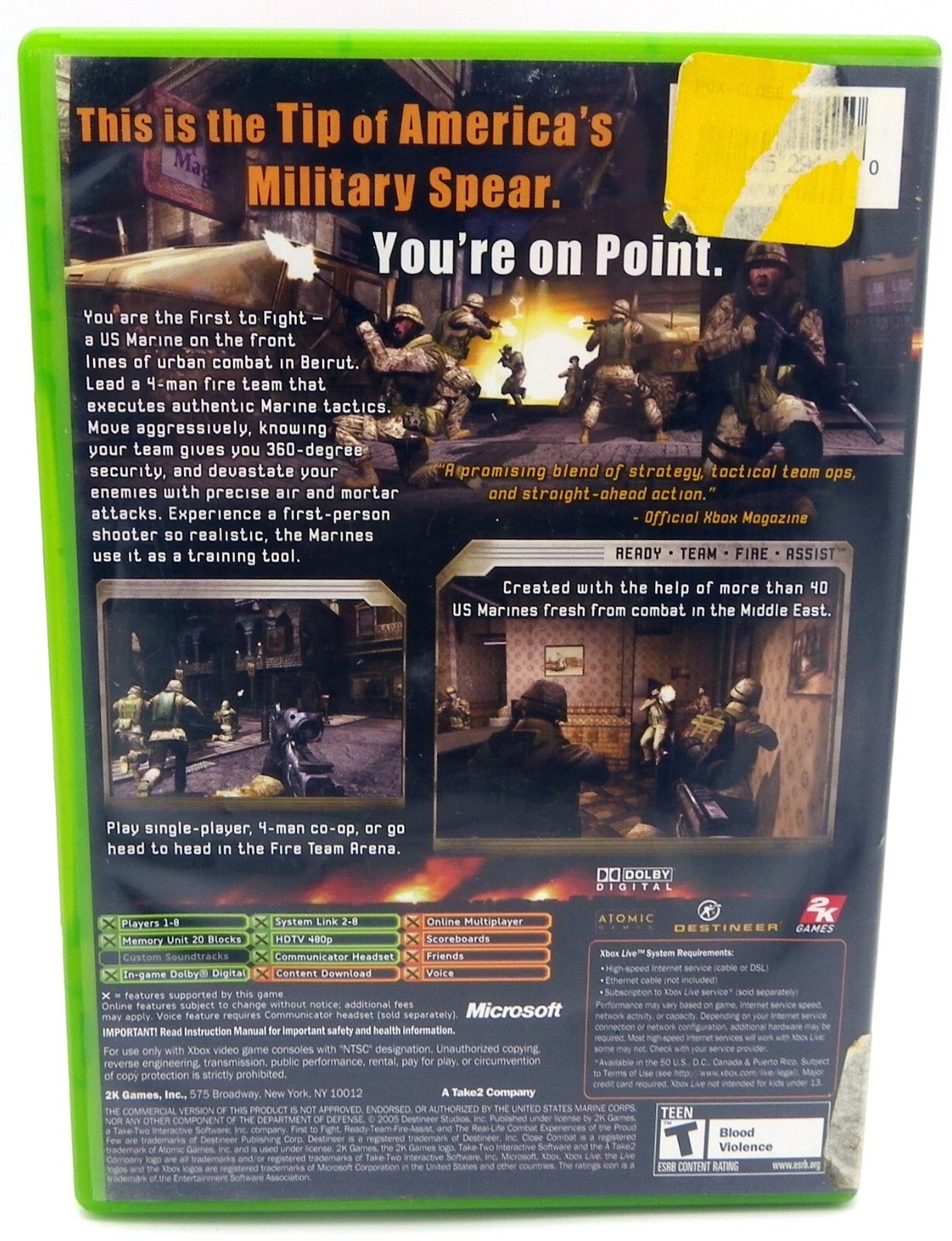 Complete Close Combat: First to Fight United States Marines Microsoft Xbox 2005