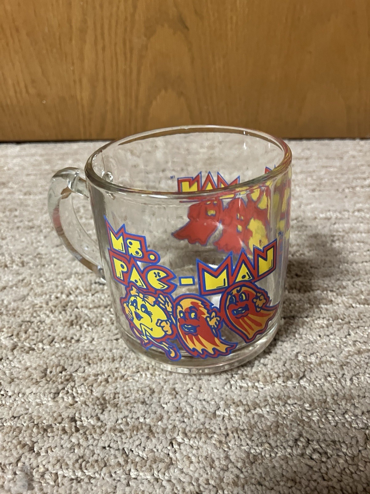 HTF MS. PAC-MAN 3 1/2″ CLEAR GLASS COFFEE MUG ARCADE GAME 1982 BALLY MIDWAY NICE