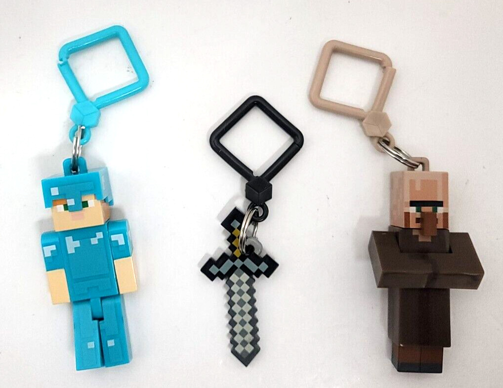 Minecraft Figures Backpack/Bag Clip/Hangers Lot of 3 Steve Sword Villager