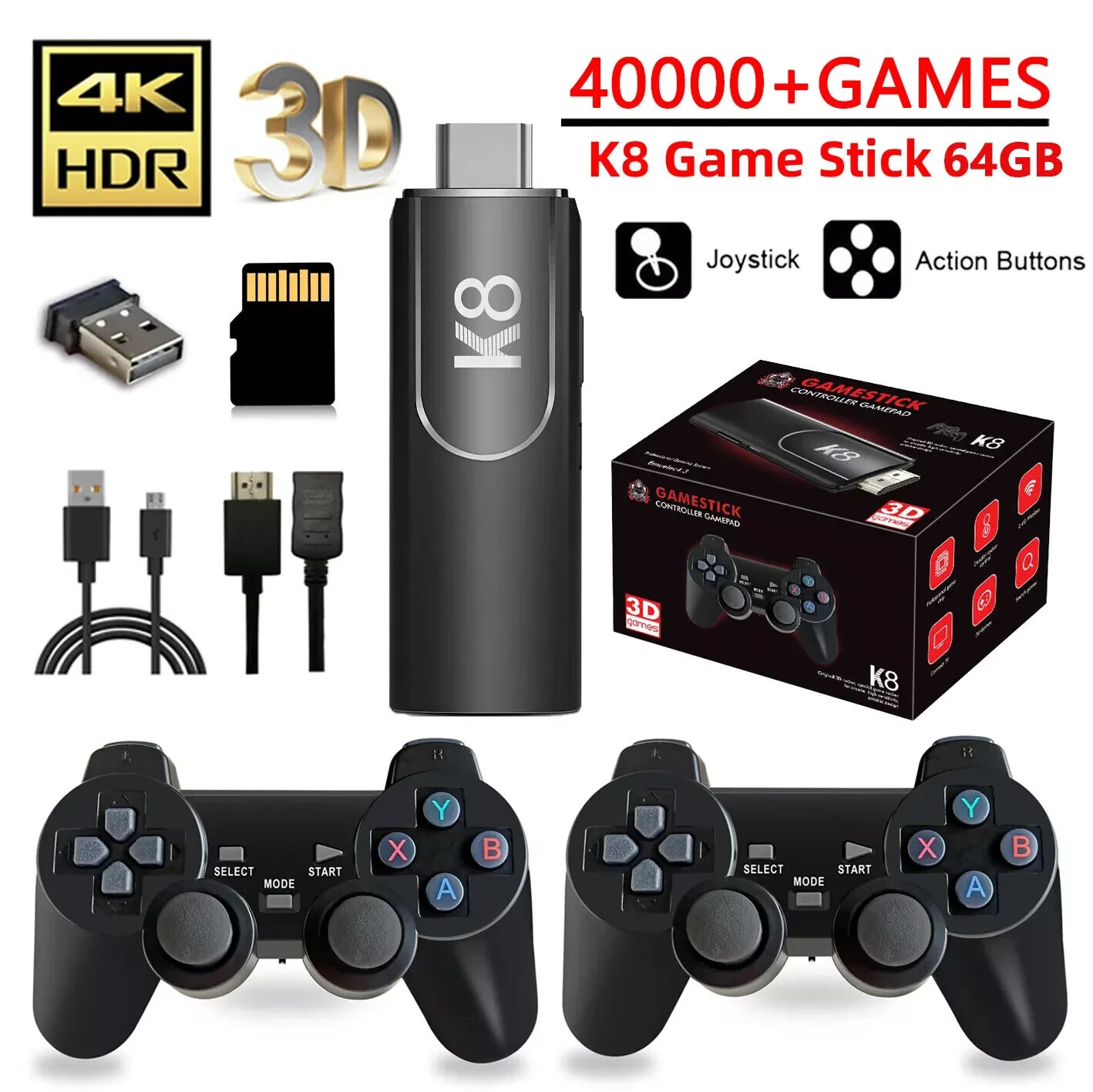 Built-in 64GB 40000+ Video Games 4K HDMI Game Stick Console Wireless Gamepad ZW