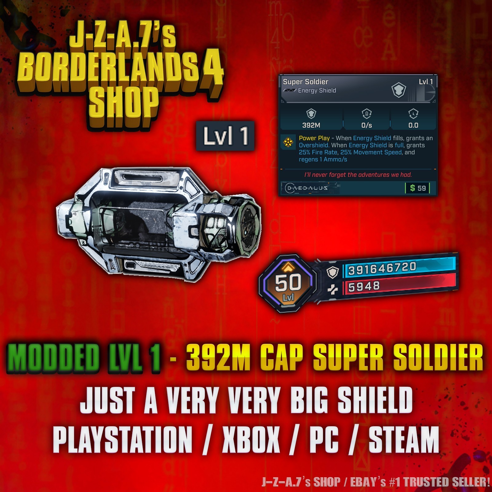 Borderlands 4✨ MODDED LEVEL 1 ONE 392M CAP SUPER SOLDIER SHIELD BL4 ✅PC-PS-XBOX✨