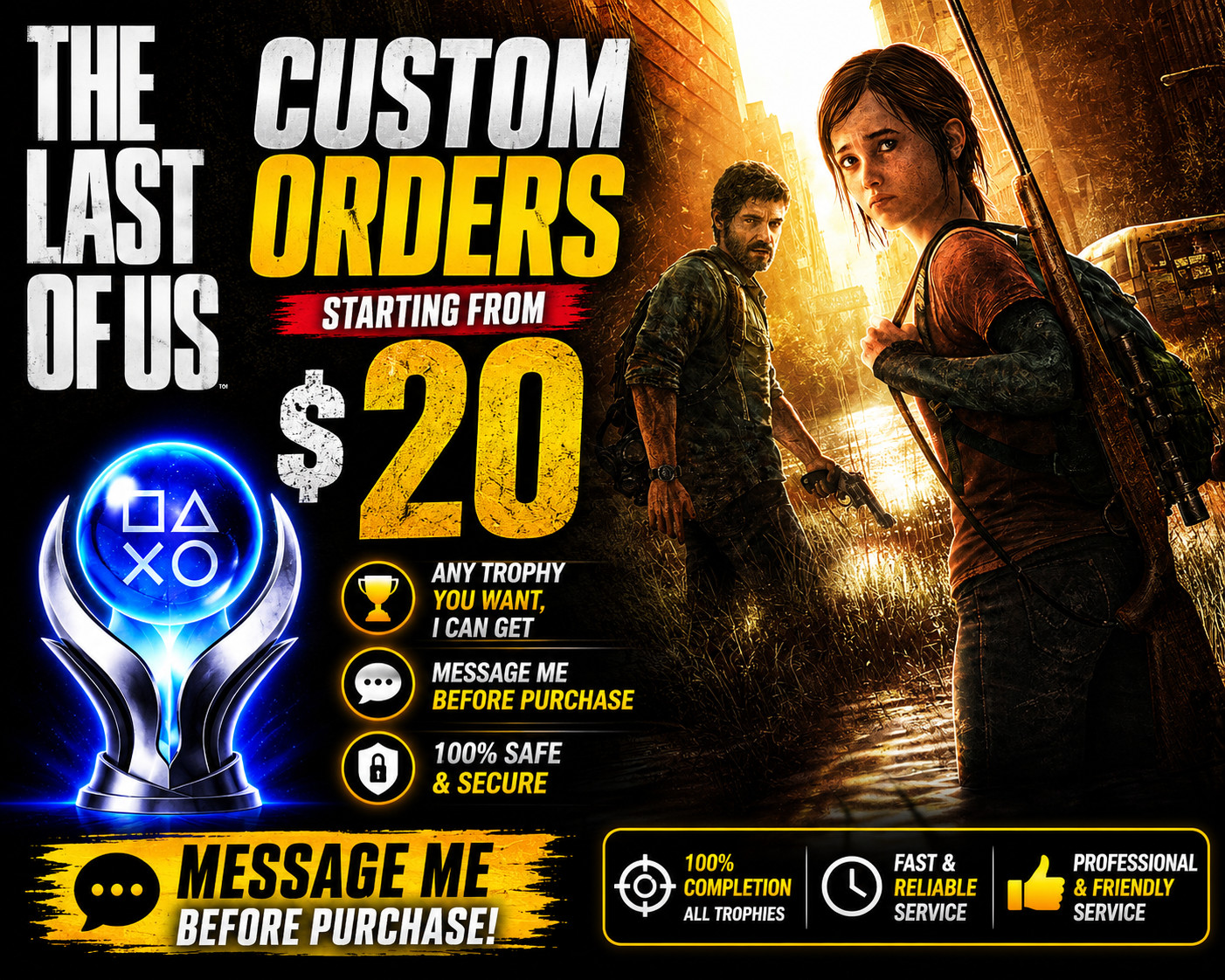 The Last of Us Remastered PS4 Platinum Trophy Service | 100% & DLC| Custom Order
