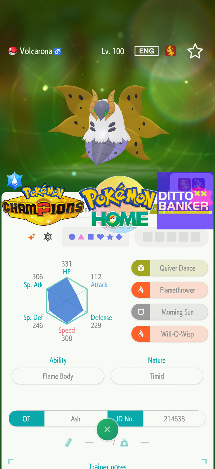 Pokemon Champions/Home Shiny VOLCARONA Transfér to HOME Lv.100 Competitive 6IV