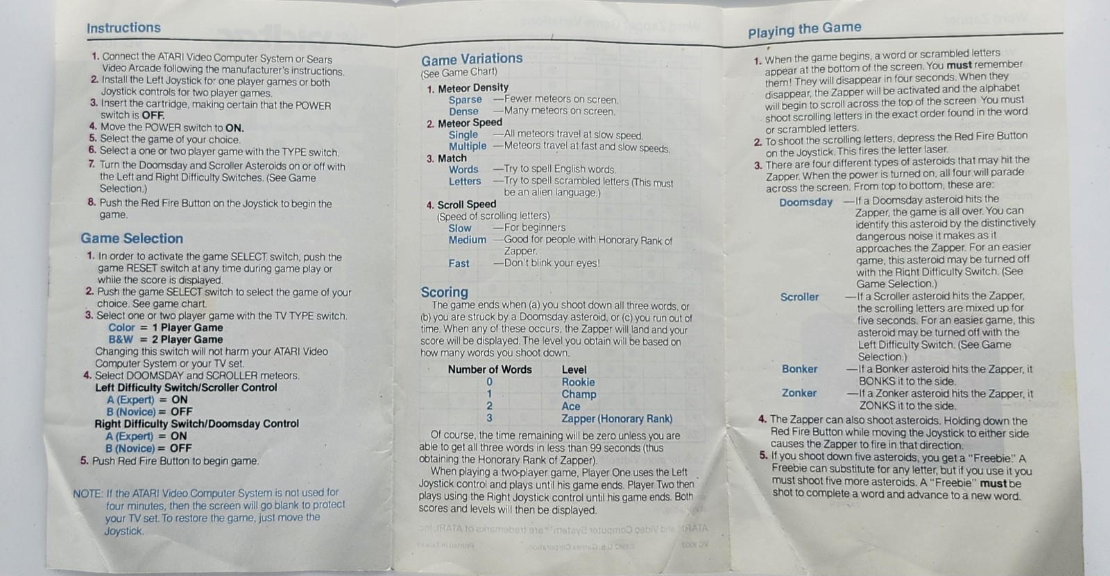 Word Zapper Atari 2600 Manual 1982 VG Vidtec US Games Space Arcade Retro