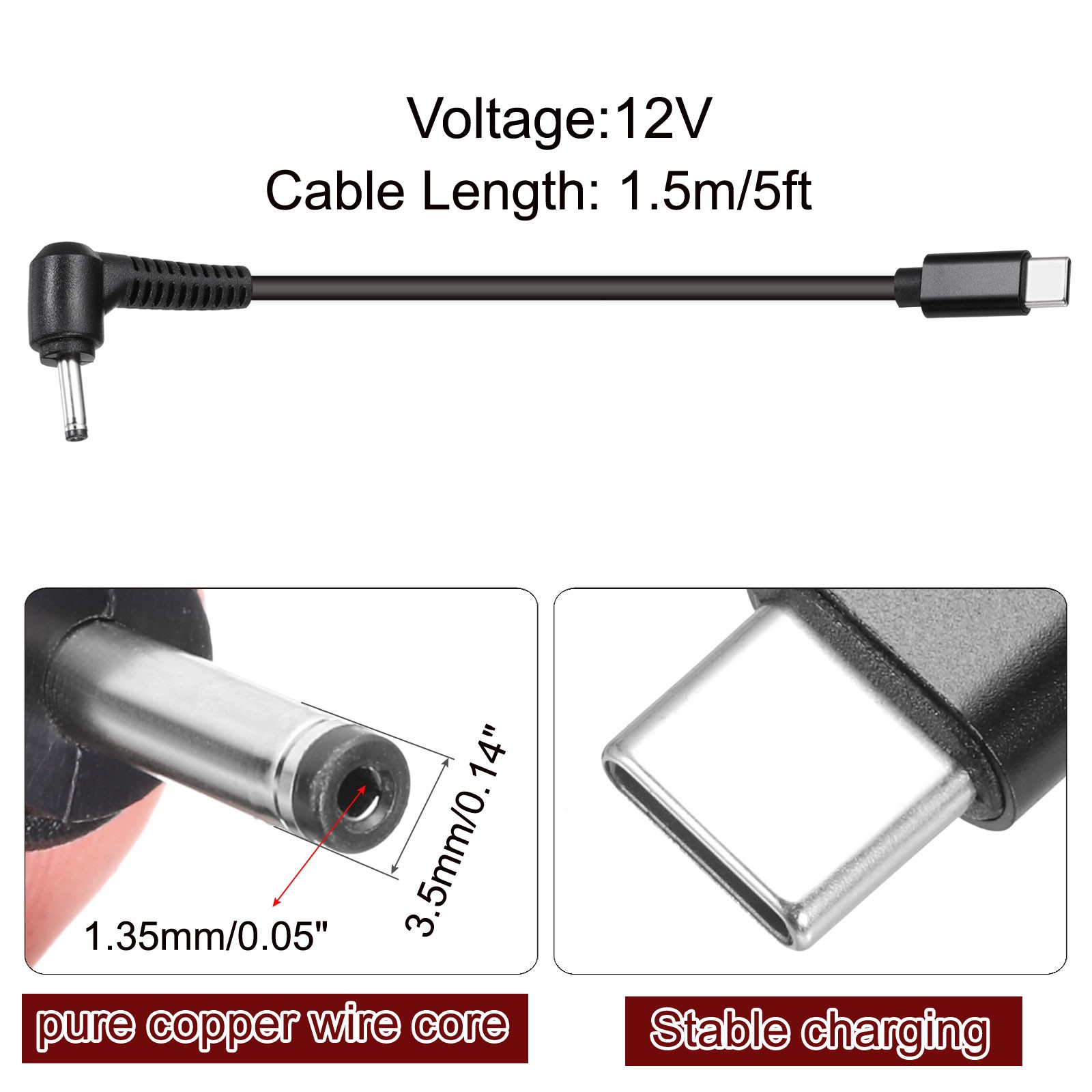 5FT USB C to DC PD Power Fast Charging Cable 3.5×1.35mm 65W/12V(Black)