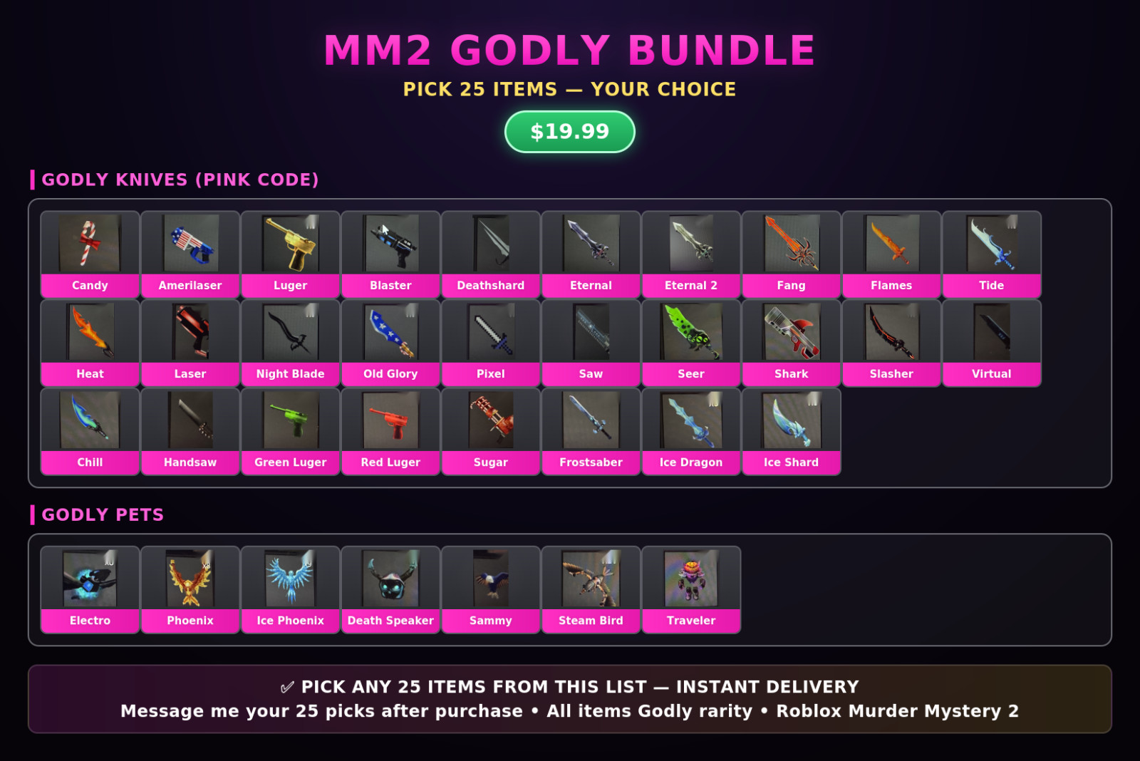 MM2 Godly 25 item selection bundle CHEAPEST | Roblox mm2 Godly items | MM2 Godly