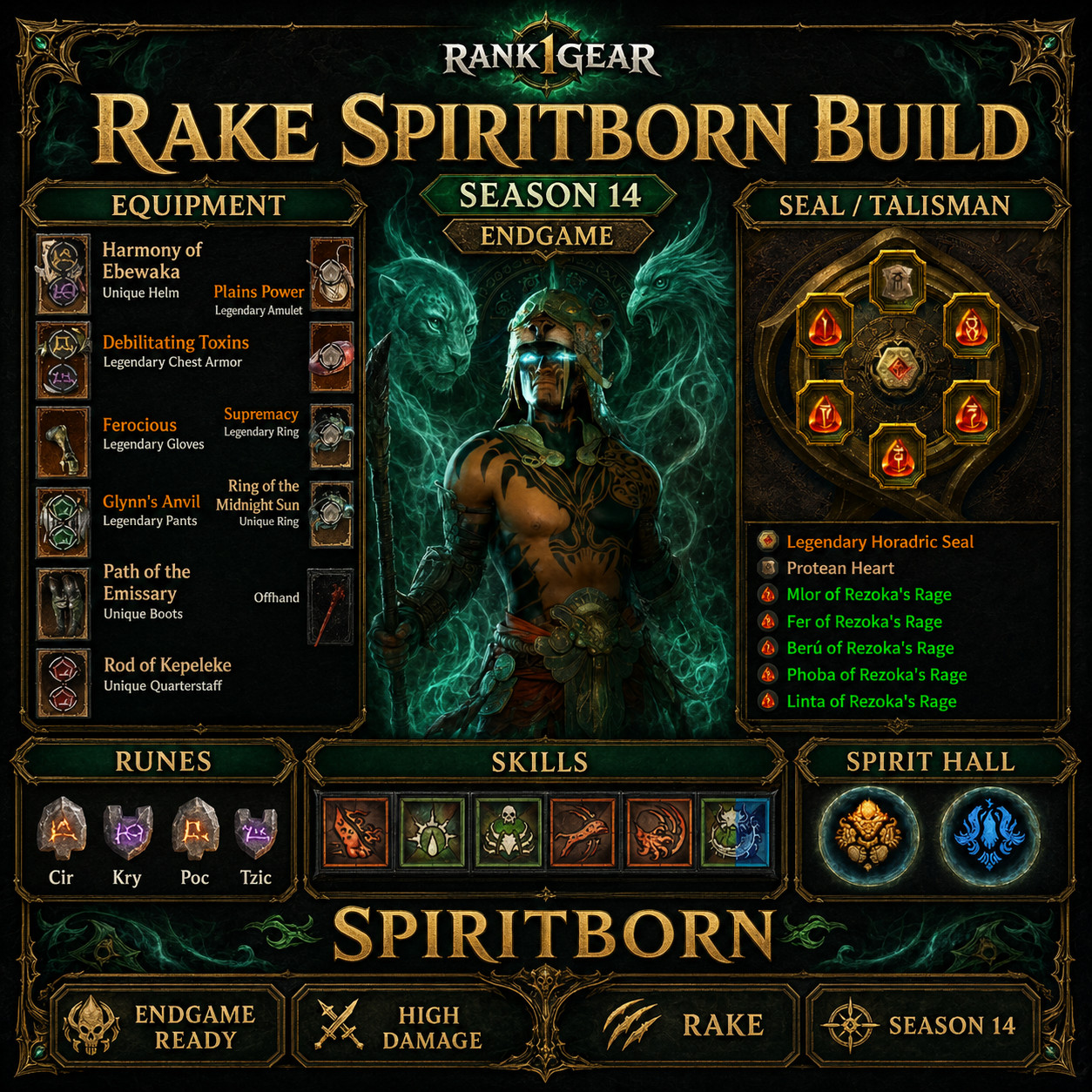 Diablo 4⚔️ Season 14⚔️Rake Spiritborn Build Endgame BEST BUILD S+ TIER UNIQUE