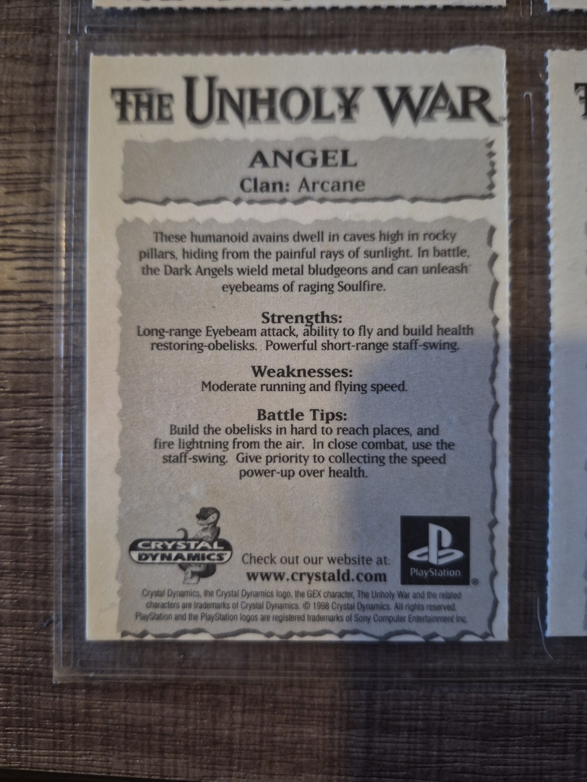 Vintage The Unholy War PlayStation 1 One character card sheet Crystal Dynamics