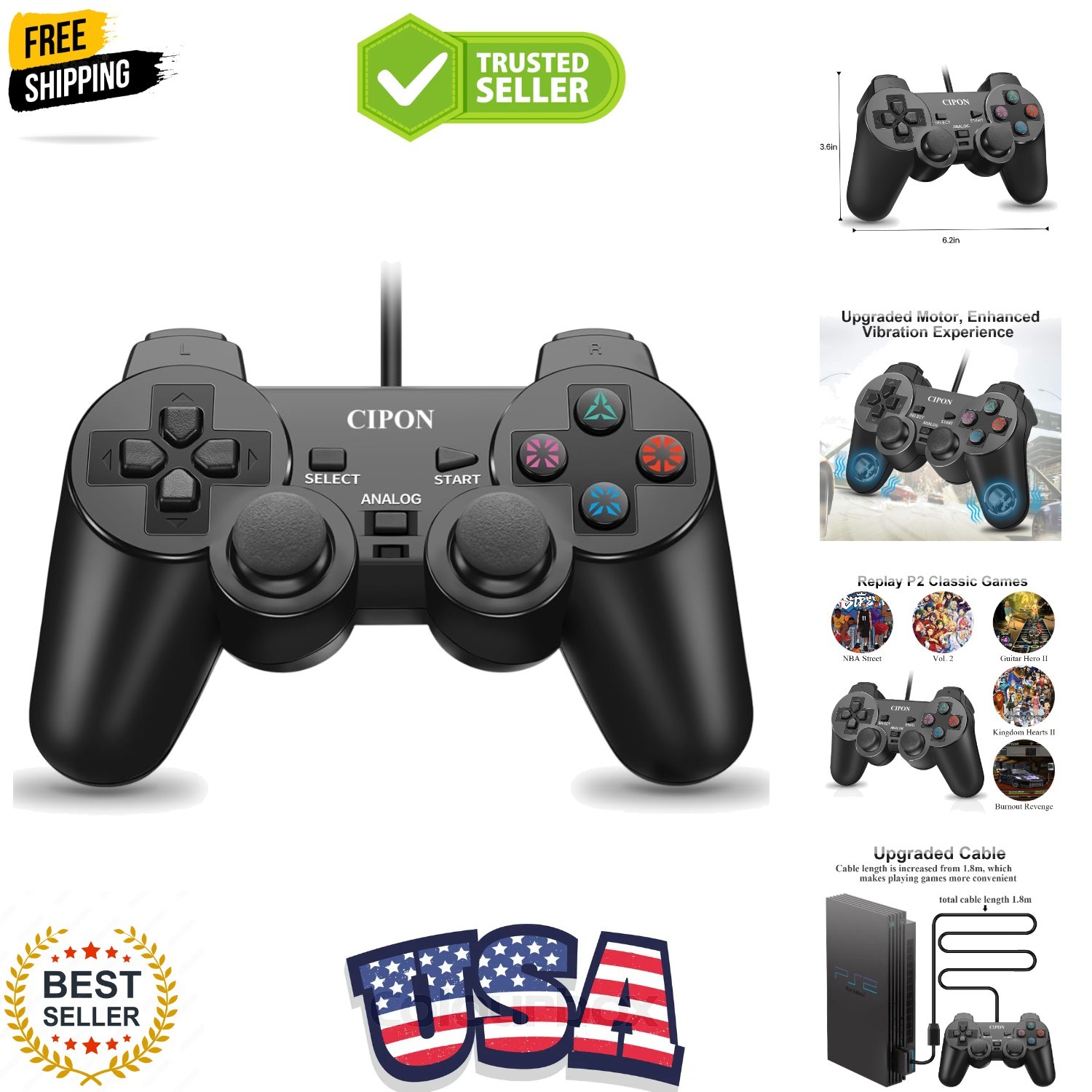 Wired Controller for PS-2 Console, Black Remote Controllers, PS-2 Accessories…